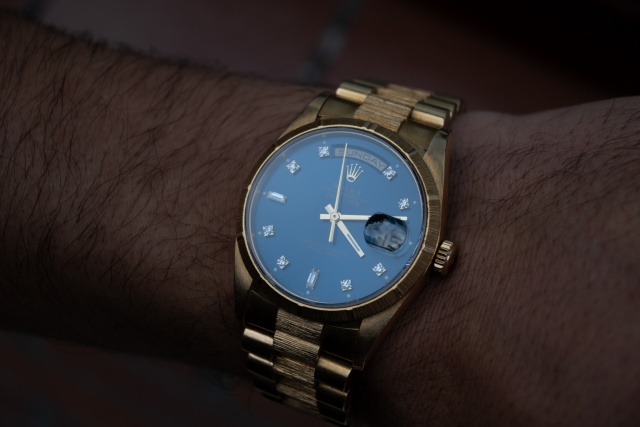 rolex day date wristshot blue dial