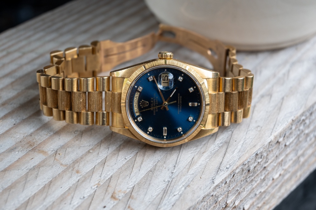 rolex 18238 blue diamond dial bark finis
